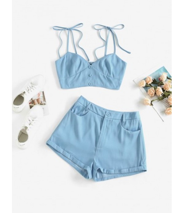 Chambray Mock Button Smocked Loose Short...