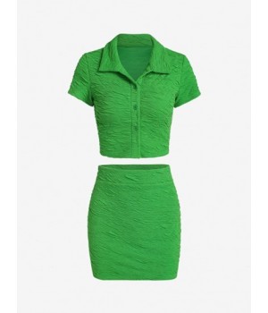 Wrinkle Textured Button Up Collared Top And Skirt Set