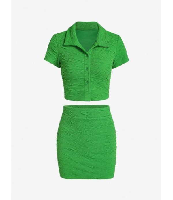 Wrinkle Textured Button Up Collared Top And Skirt Set