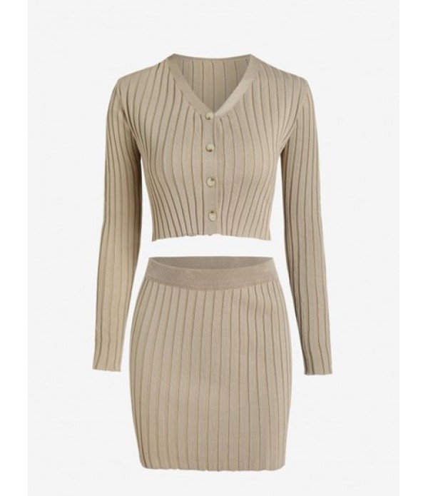 Ribbed Button Up Mini Bodycon Skirt Set