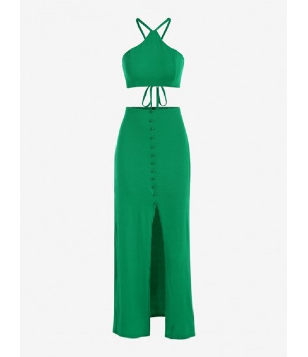 Lace Up Mock Button Split Maxi Skirt Set