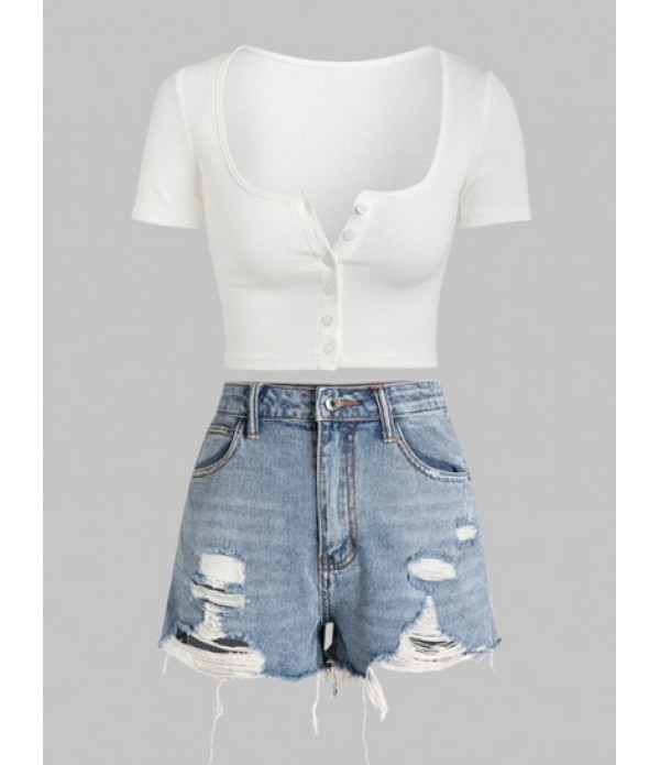 Button Up Ribbed Crop Tee With Ripped De...