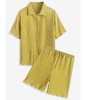 Women's Matching Two Piece Vacation Casual Daily Lounge Plisse Pleated Button Up Short Sleeves Shirt And Shorts Set