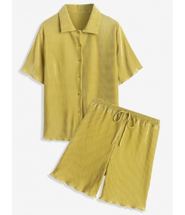 Women's Matching Two Piece Vacation Casual Daily Lounge Plisse Pleated Button Up Short Sleeves Shirt And Shorts Set