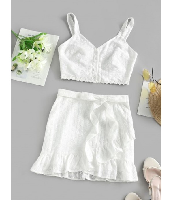 Button Up Eyelet Top And Tie Ruffles Ski...