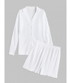 Women's Fashion Daily Matching Co Ord Set Plisse Pleated Solid Color V Notched Button Up Turn Down Collar Shirt With High Waisted Loose Shorts Set