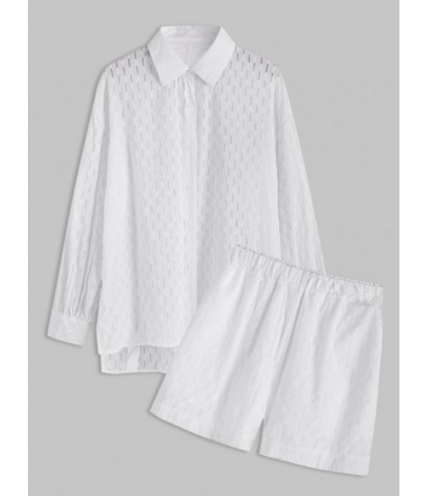 Women's Daily Fashion Co Ord Two Piece Set Textured Drop Shoulder Button Up Shirt With High Waisted Pocket Pull On Wide Leg Shorts Set