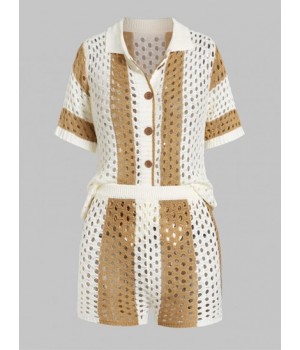 Women's Sexy Matching Two Piece Vacation Crochet Knit Openwork Hollow Out Colorblock Striped Button Up Collared Top And Shorts Set
