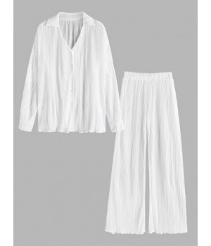 Women's Two Pieces Plisse Pleated Solid Color Long Sleeve V Neck Button Up Shirt And High Waist Wide Leg Pants Set 90s Minimalism Fashion Co Ord Set