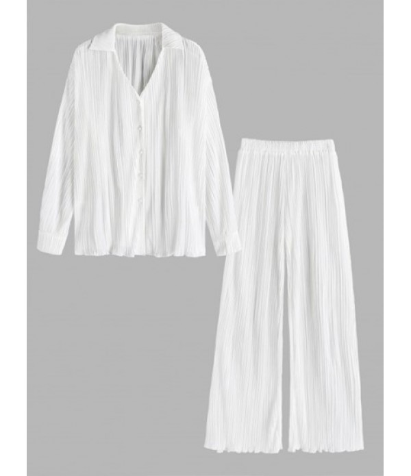 Women's Two Pieces Plisse Pleated Solid Color Long Sleeve V Neck Button Up Shirt And High Waist Wide Leg Pants Set 90s Minimalism Fashion Co Ord Set