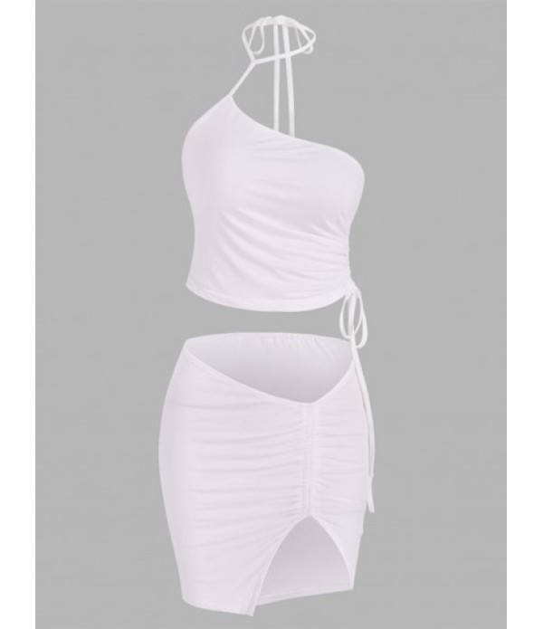 Halter Cinched Slit Two Piece Skirt Set