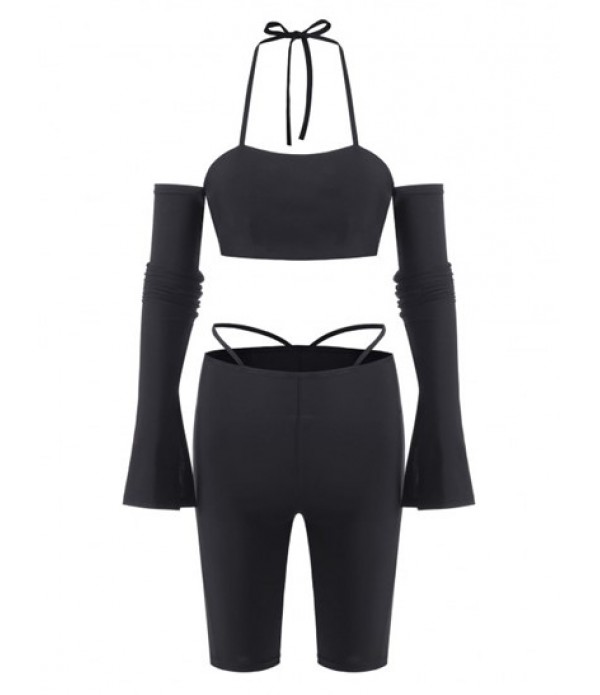 Halter Long Sleeve Cutout Biker Shorts S...