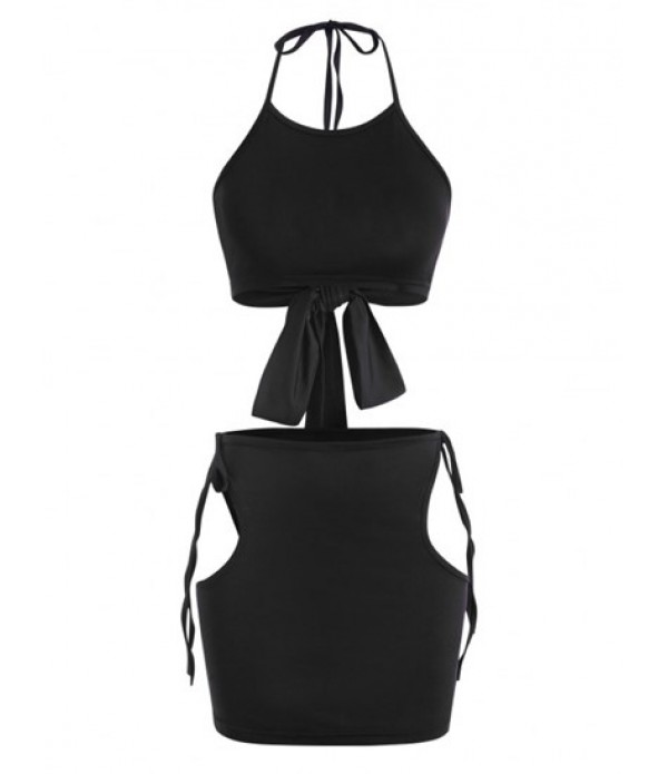 Cutout Tie Halter Two Piece Skirt Set