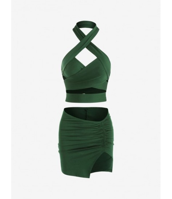 Crossover Cutout Halter Ruched Skirt Set