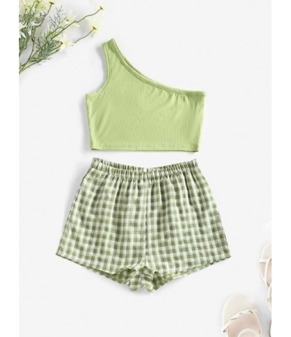 Ribbed One Shoulder Tank Top And Plaid S...