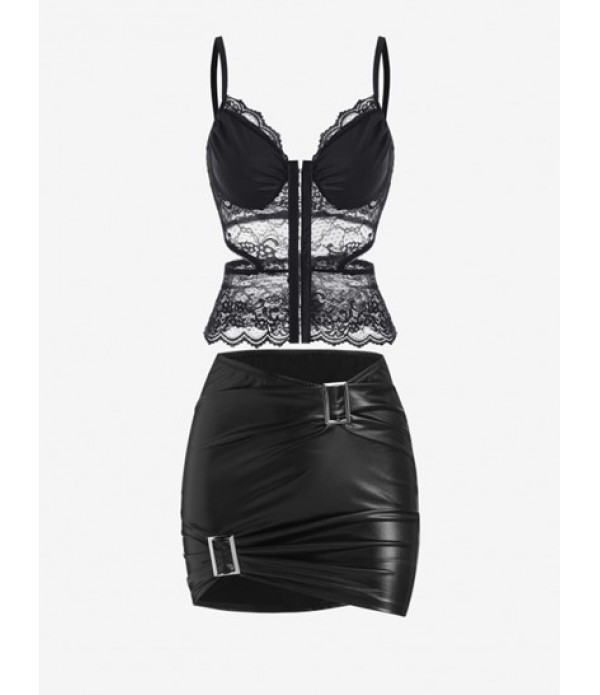 Cut Out Bustier Cami Top With PU Leather...