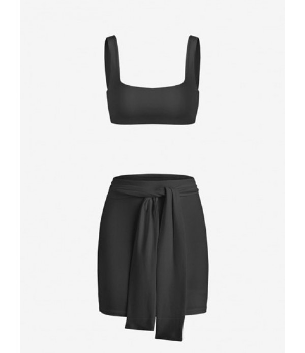 Cropped Solid Top And Belted Skirt Set