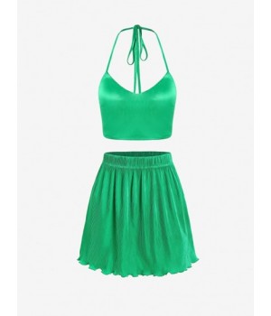 Tie Open Back Silky Top And Pleated Skirt Set