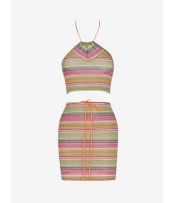 Colorful Striped Knit Halter Top And Ski...
