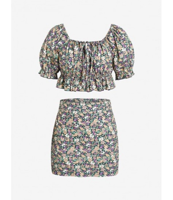 Plus Size Floral Puff Sleeve Ruffle Two ...