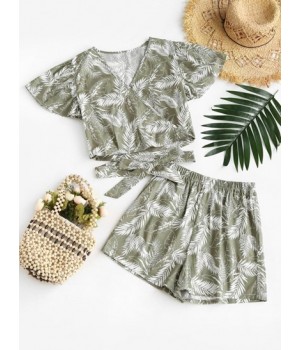 Tropical Leaf Print Surplice Two Piece Shorts Set