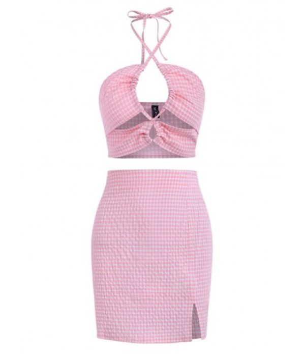 Gingham Lace-up Slit Cutout Skirt Set