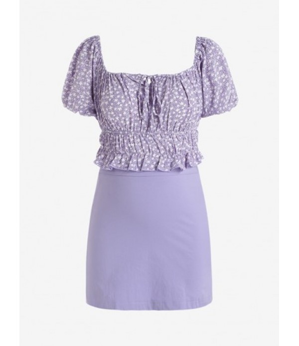 Plus Size Tiny Floral Tie Collar Peplum ...