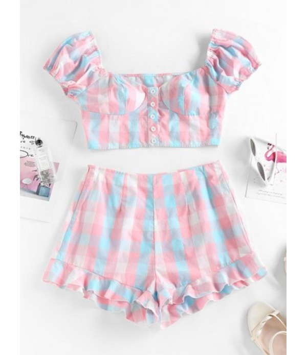 Plaid Bustier Puff Sleeve Ruffled Two Pi...