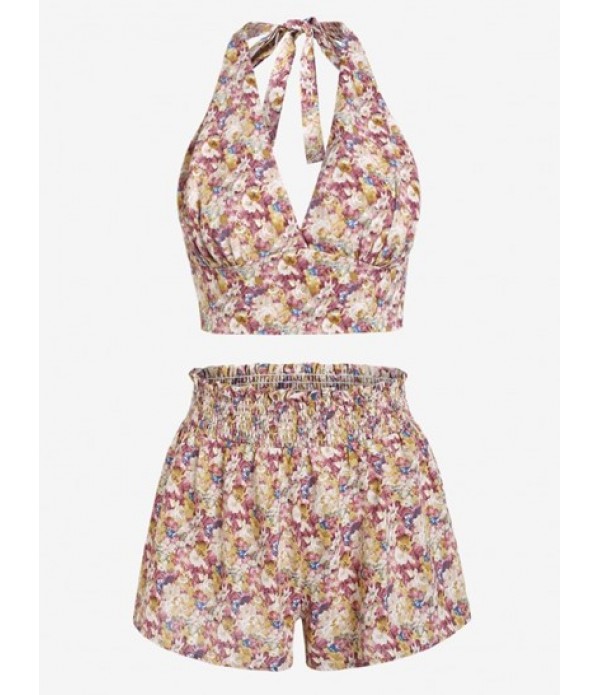 Halter Open Back Ditsy Floral Smocked Tw...