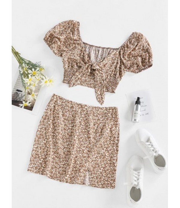 Ditsy Print Puff Sleeve Knot Two Piece S...