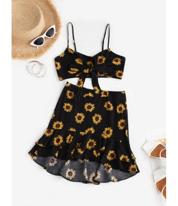 Sunflower Print Tie Front Flounce Two Pi...