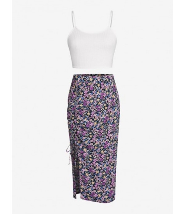 Ribbed Top And Floral Cinched Skirt Set