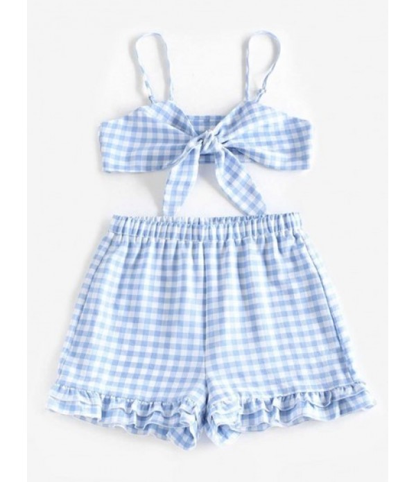 Gingham Tie Front Bralette Top And Ruffl...