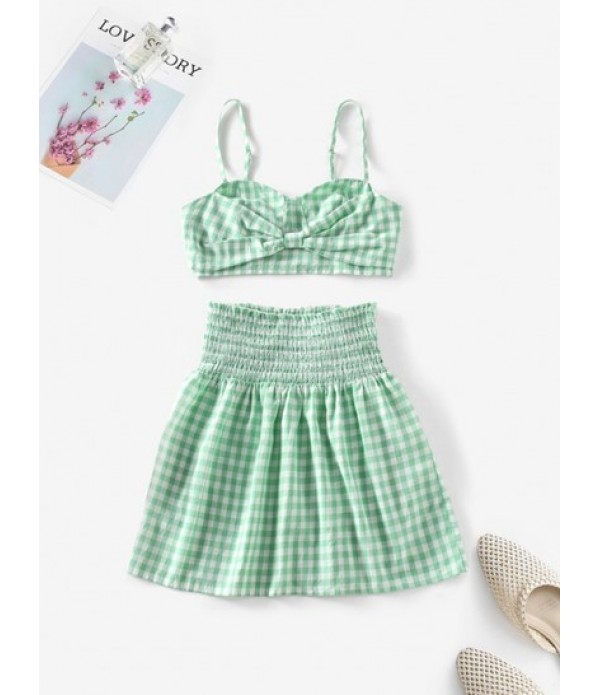 Gingham Bowknot Cami Top And Smocked Ski...