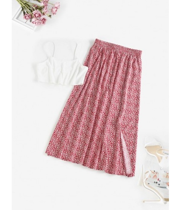 Ribbed Ditsy Print Slit Skirt Set