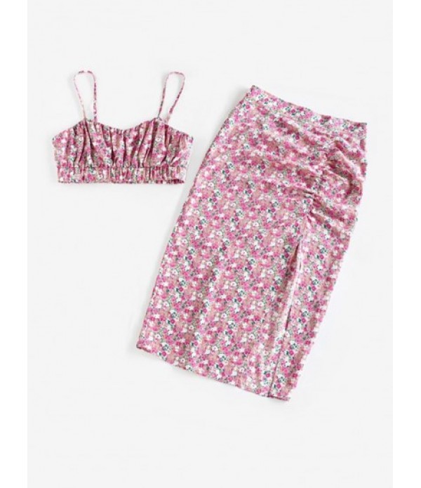 Floral Ruched Crop Cami Top And Slit Ski...