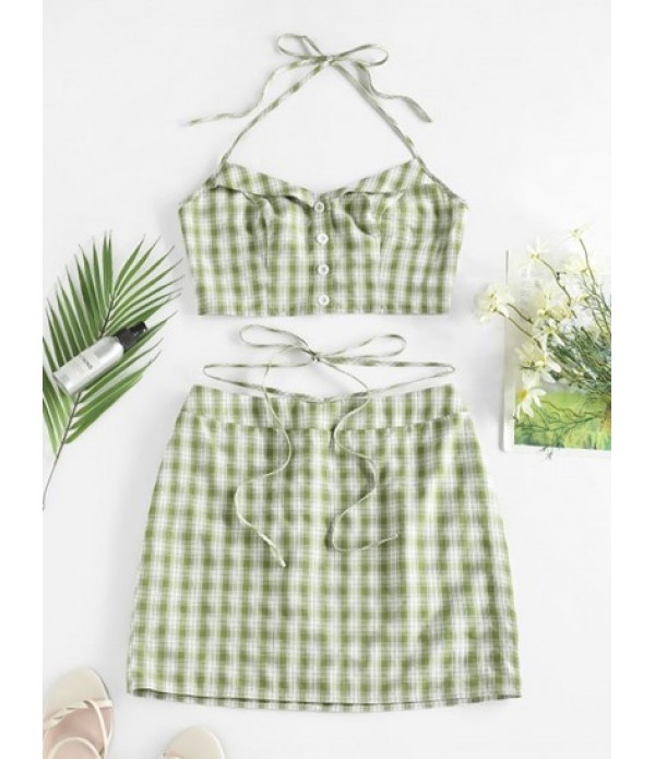 Halter Gingham Crop Top And Skirt Co Ord...