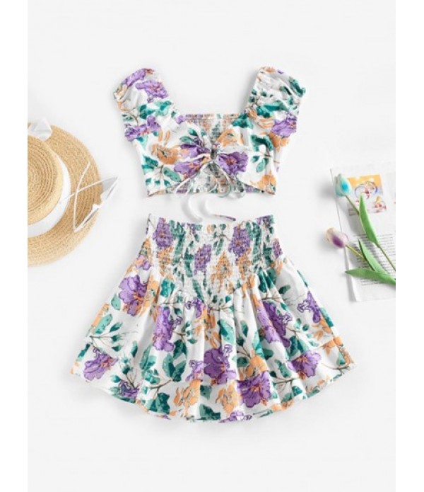 Puff Sleeve Flower Shirred Top And Layer...