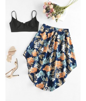 V Notch Cami Top And Flower Curved Hem Skirt Set