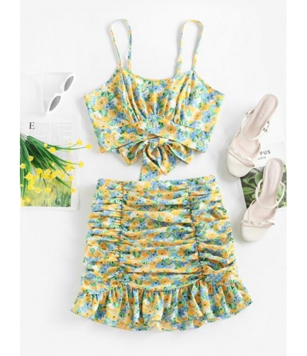 Floral Ruched Tie Cut Out Back Two Piece...