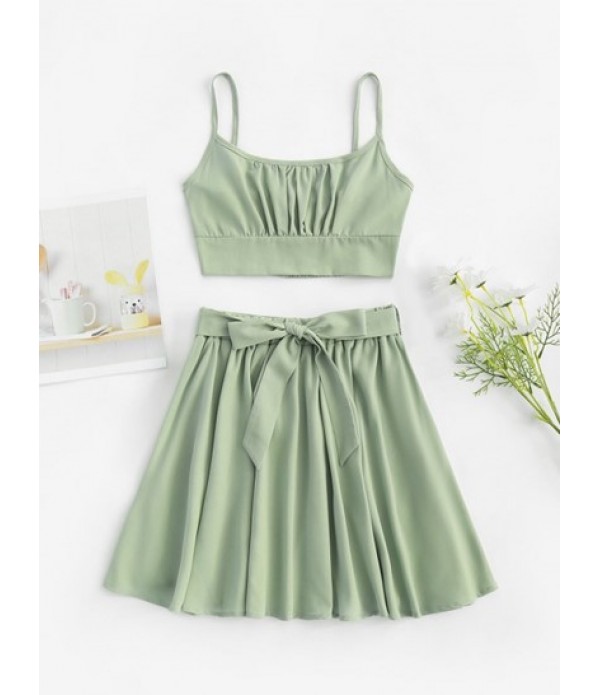 Smocked Back Ruched Top And Belted Skirt...