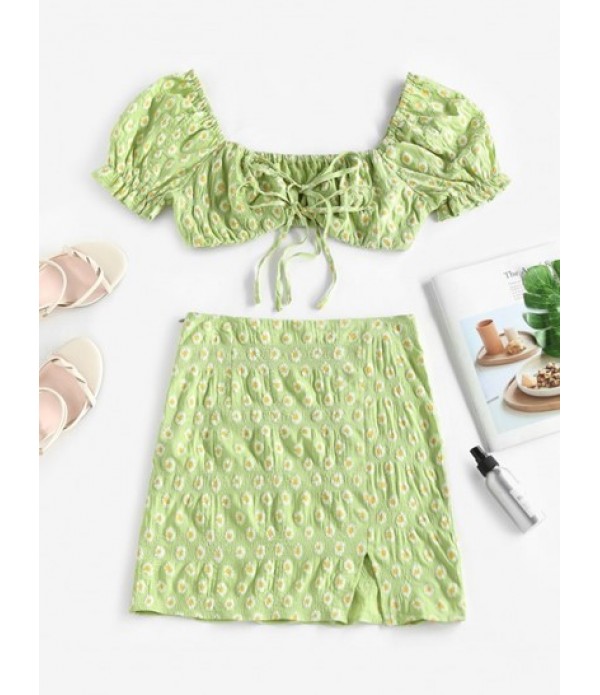 Tie Front Puff Sleeve Front Slit Daisy T... Tie Front Puff Sleeve Front Slit Daisy T...