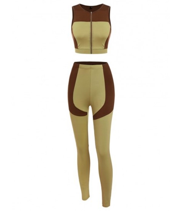 Two Tone Zip Cutout Two Piece Pants Set