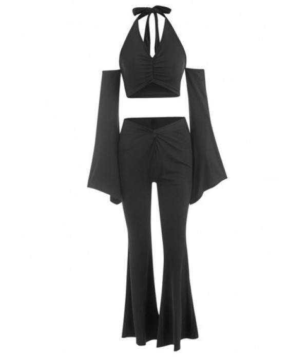 Halter Ribbed Crop Top And Twist Flare P...