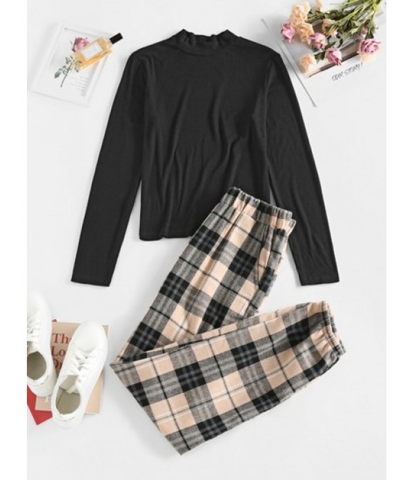 Ribbed Long Sleeve Top And Flannel Plaid...