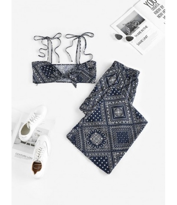 Ethnic Scarf Print Tied Wide Leg Pants S...