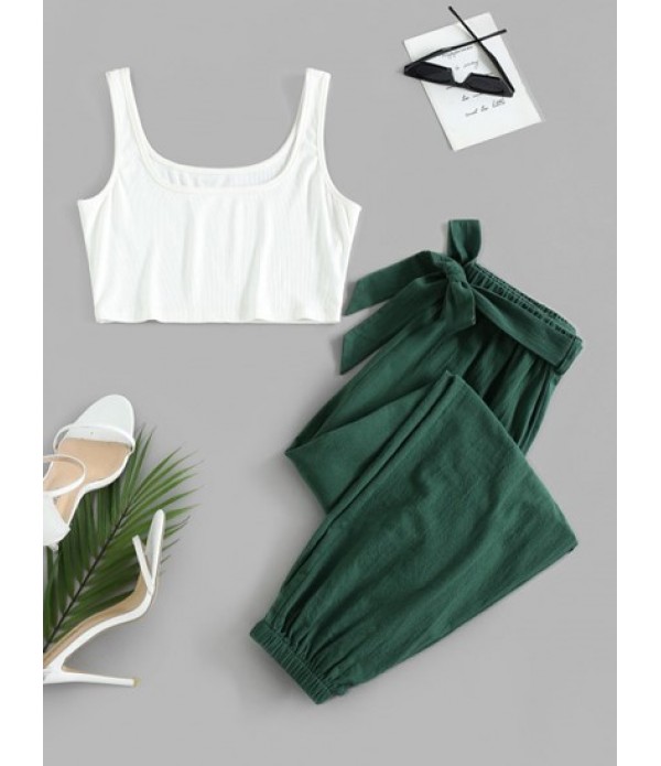 Cropped Ribbed Top And Belted Jogger Pan...