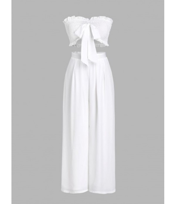 Bandeau Smocked Ruffle Bowknot Wide Leg ...