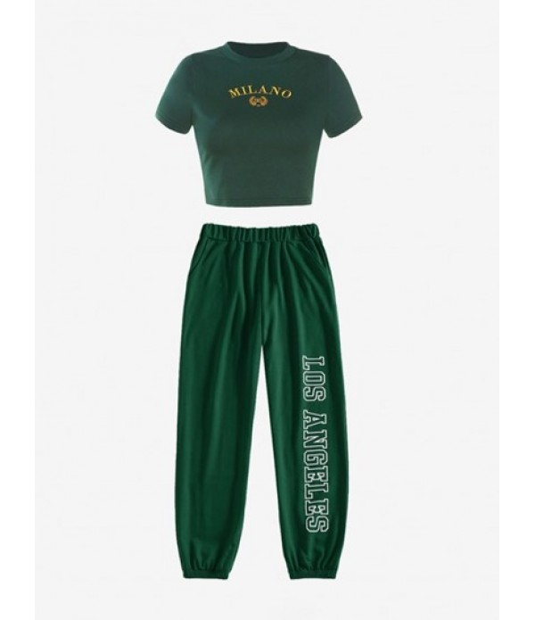 Letter Embroidered T Shirt And LOS ANGEL...