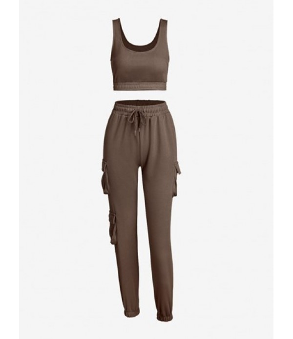 Crop Top And Drawstring Cargo Jogger Pan...